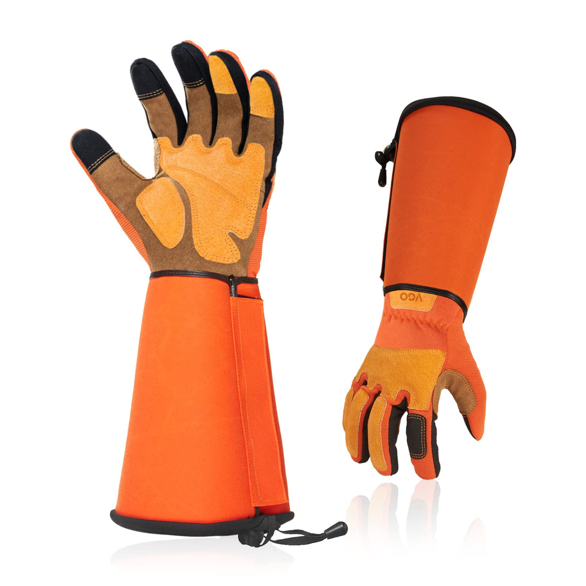 Vgo... Men's Extra-Long Leather Gardening Gloves, Gauntlet with Adjustable Cuff, Puncture & Thorn Proof, Touchscreen (CA9659)