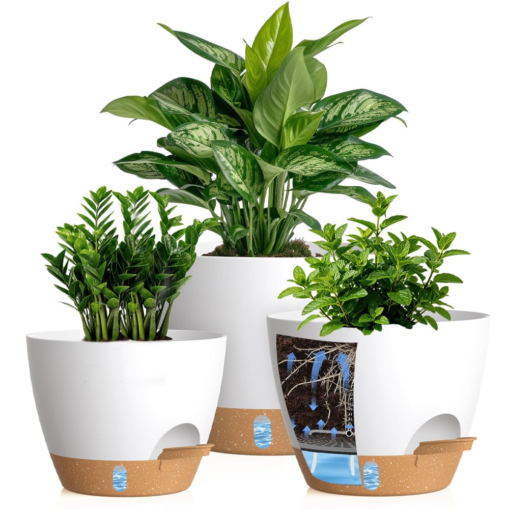 Self Watering Pots with Drainage Holes, 3 Pack 12/10/8 Inch Plant Pots with Water Level Indicator Deep Reservoir, Large Plastic Planter for Indoor Outdoor Plants - Black Brown