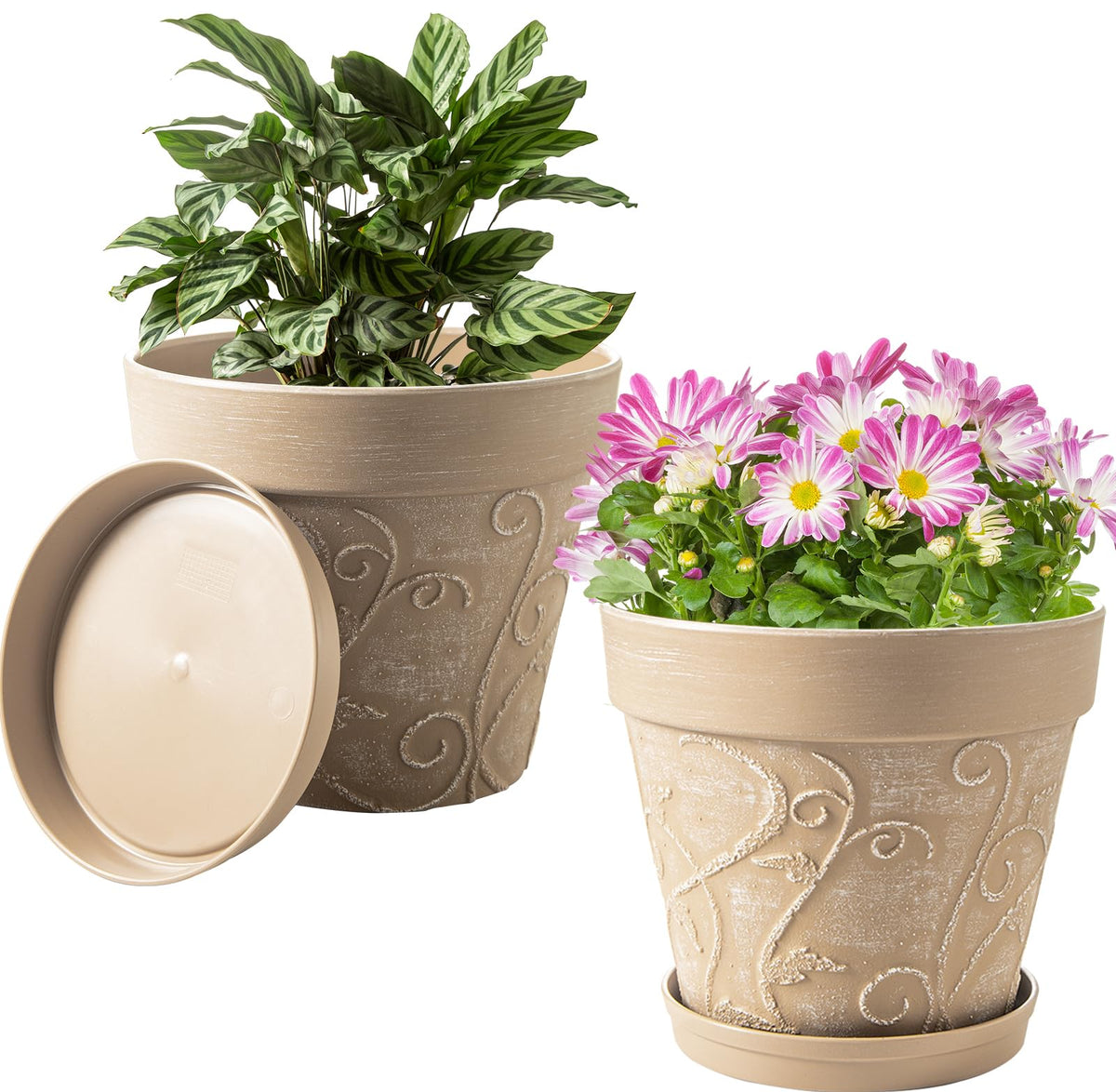 Melphoe Plant Pots Indoor with Drainage & Saucer, 2Pack 7 inch Flower Pots Outdoor Planters for Indoor Plants Garden Home Decor Cactus Succulent, Rigid Plastic (Imitation-Terracotta) Vine-Embossed