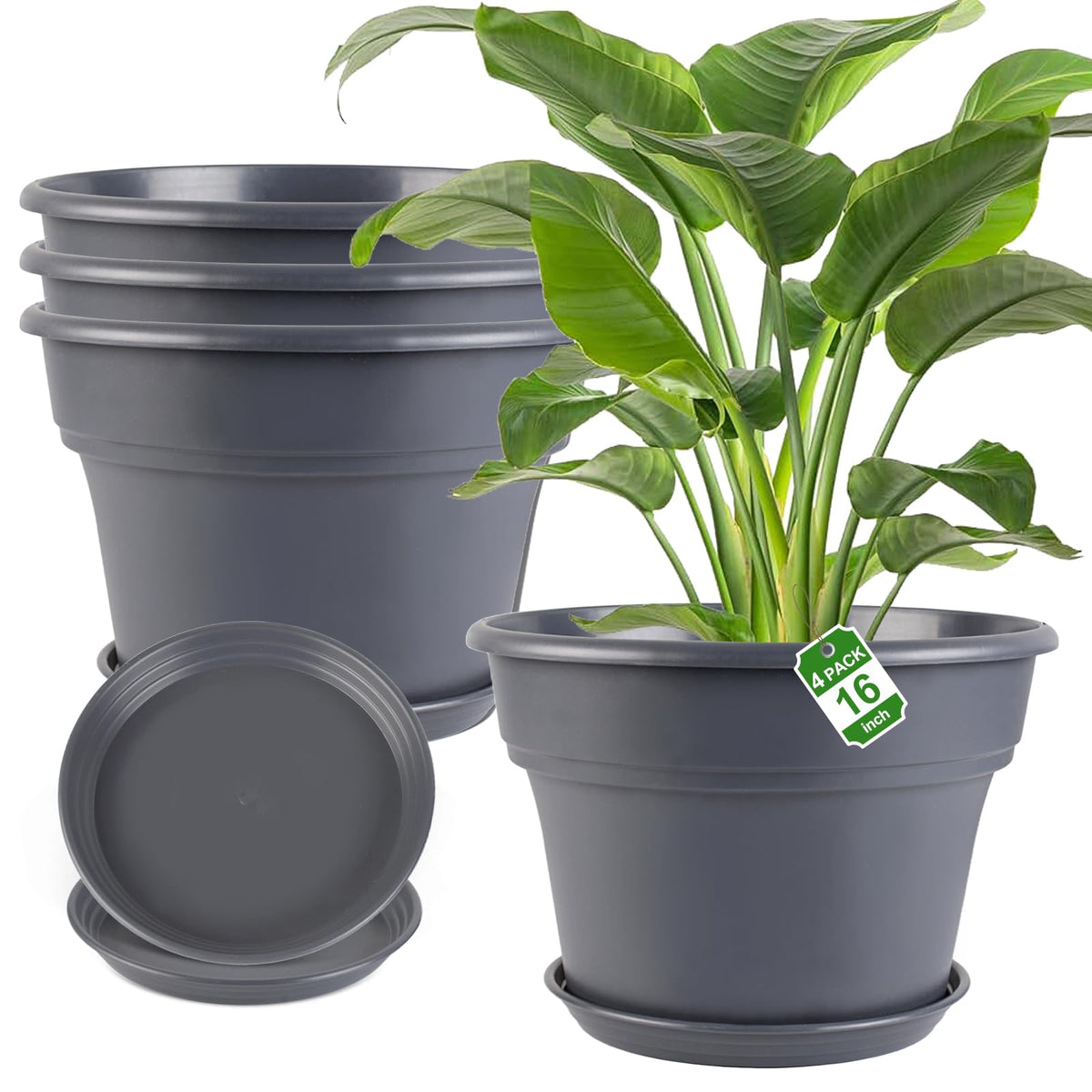 Myfeegoin 10-inch-Plant-Pots-Indoor-Outdoor, 4 Pack Plastic Planters with Drainage Holes & Saucers, Resin Flower Pots with Trays, Classic Garden Pot Container for House