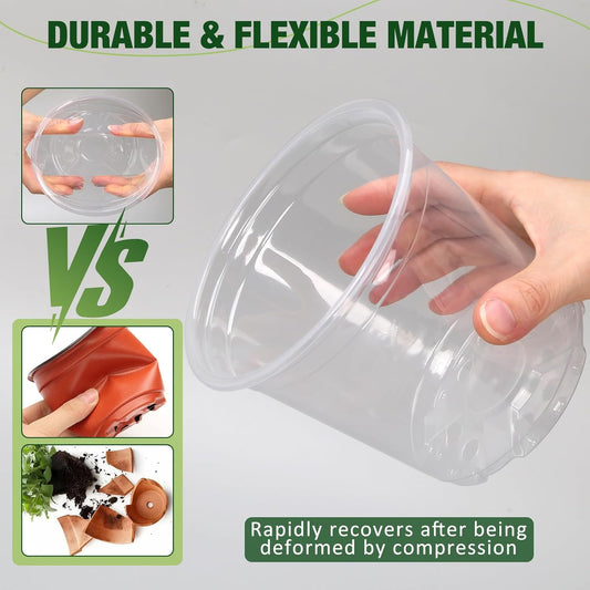 10/8/6/4 Inch Clear Nursery Pots with Drainage Holes and Saucers, 12 Pack Large Clear Pots for Plants Variety Pack, Plastic Nursery Pots for Succulents, Seedings, Herbs, Flowers, Vegetables