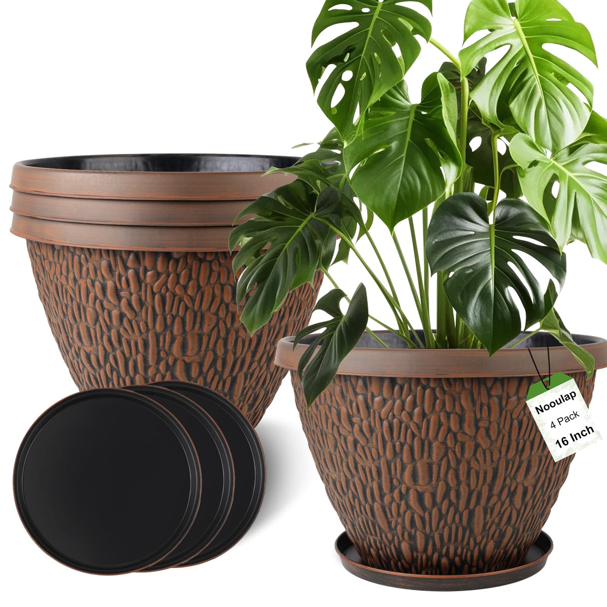 Nooulap 4 Pack 10 Inch Flower Pots, Plastic Outdoor Planters, Gray
