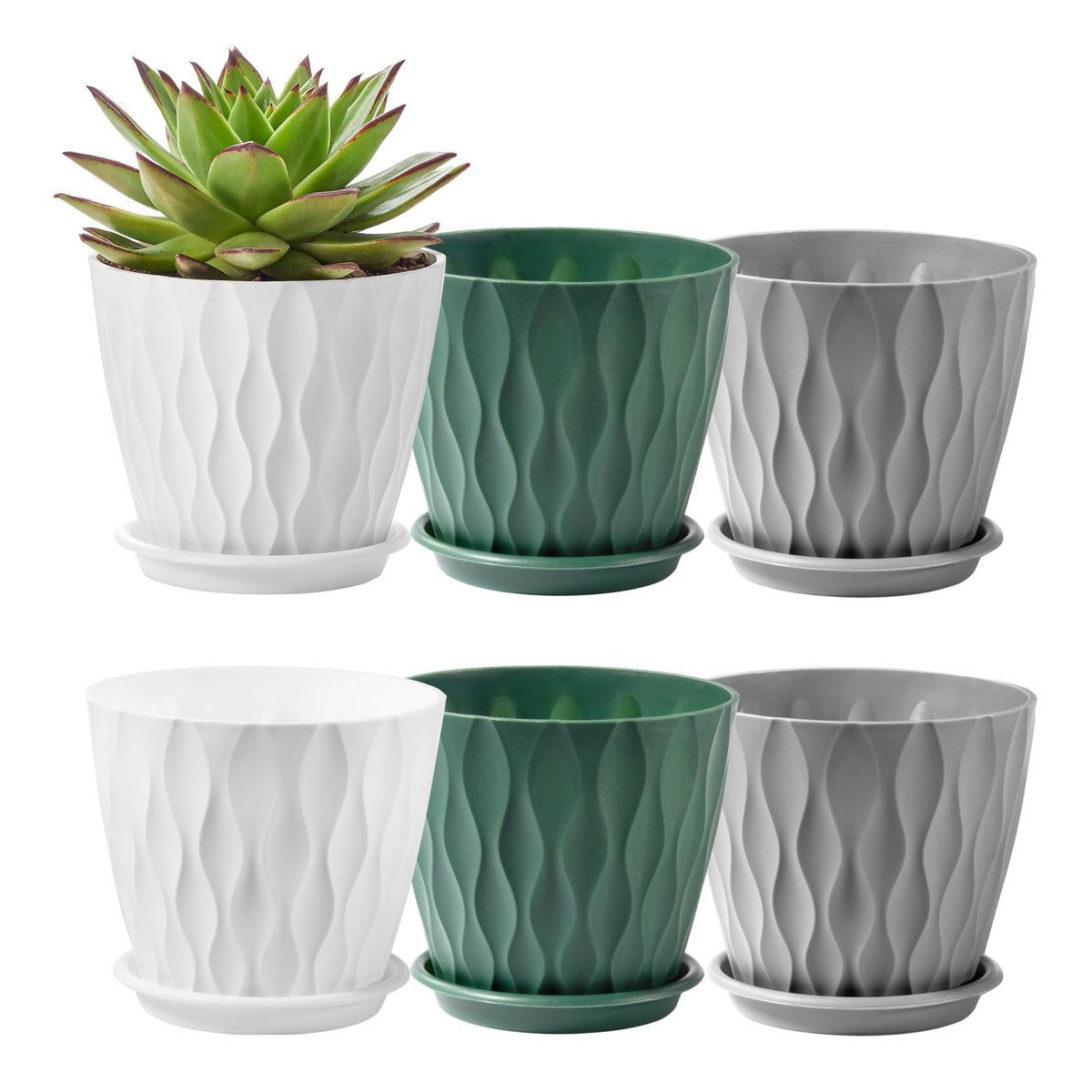 FaithLand 6-Pack 6-Inch Plastic Plant Pots with Saucers | Thickened PP Material, Modern Wave Texture, Enhanced Drainage for Indoor/Outdoor Garden Plants | Multicolor Value Set