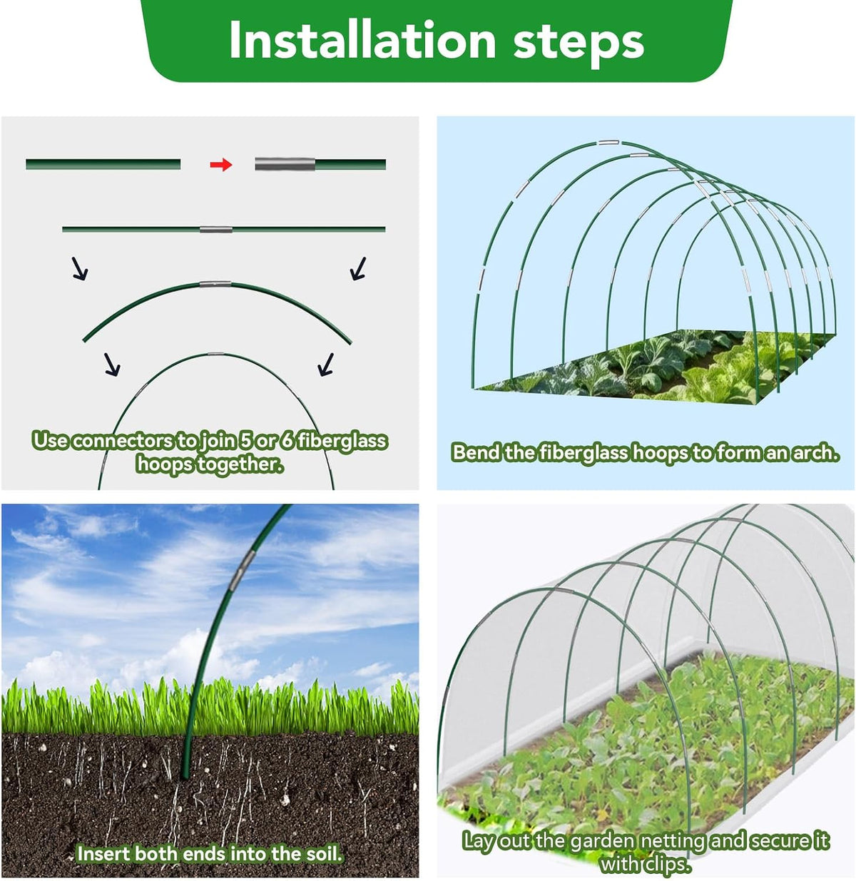 Garden Netting Kit for Raised Beds, 10x50FT Ultra Fine Mesh Netting &6 Sets Fiberglass Garden Hoops, Insect Netting for Garden Plant Row Cover Vegetable Flowers Protection Barrier