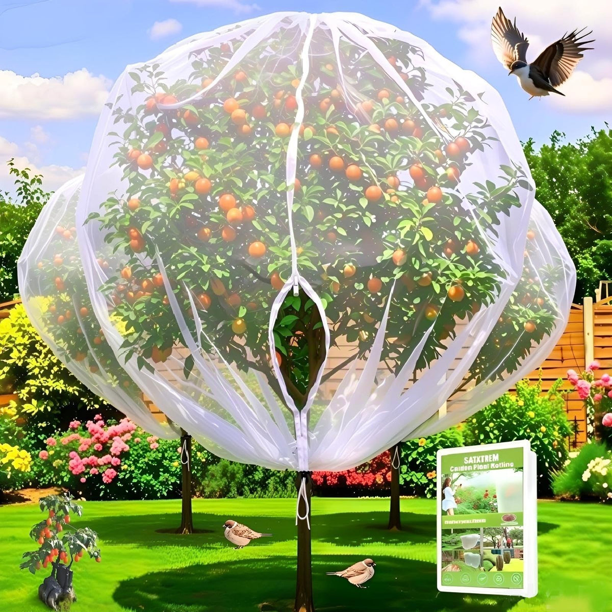 Large Fruit Tree Netting 2 Pack 10x10FT Cover with Drawstring/Zipper- Garden Bird Netting Protect Blueberry Bushes Strawberry from Cicada/Insect/Bug/Squirrel, Plant Netting Cover Pest Barrier