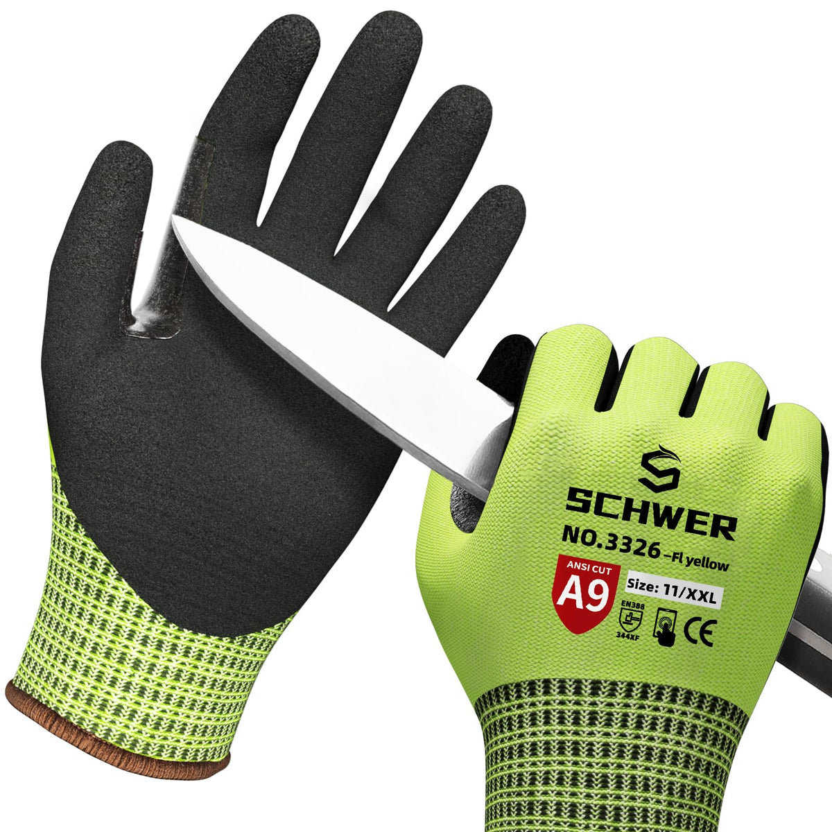 Schwer ProGuard High Level Cut Resistant Work Gloves for Extreme Protection, ANSI A9 Cut Gloves with Reinforced Thumb, Non Slip, Breathable, Durable, Touch-screen, Black 1 Pair(L 3326