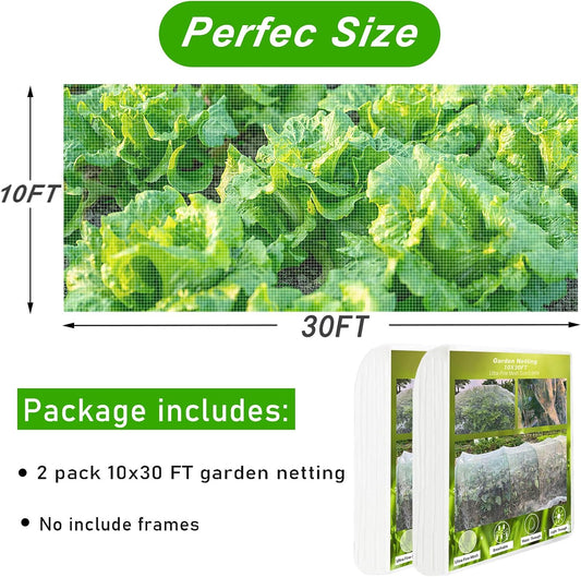 2 Pack 10X30FT Garden Netting, Garden Netting for Raised Beds, Ultra Fine Insect Netting for Vegetable Flowers Fruits, Garden Mesh Plant Cover Row Cover Barrier Protection Net for Birds