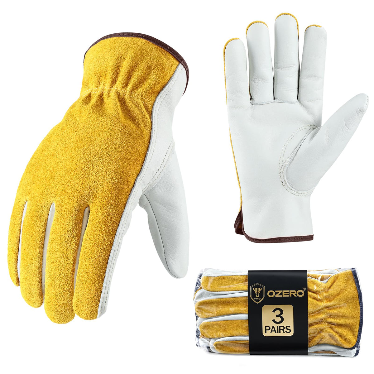 OZERO Leather Work Gloves Flex Grip Tough Cowhide Gardening Glove for Wood Cutting/Construction/Driving/Garden for Men and Women 1 Pair (Gold,Large)