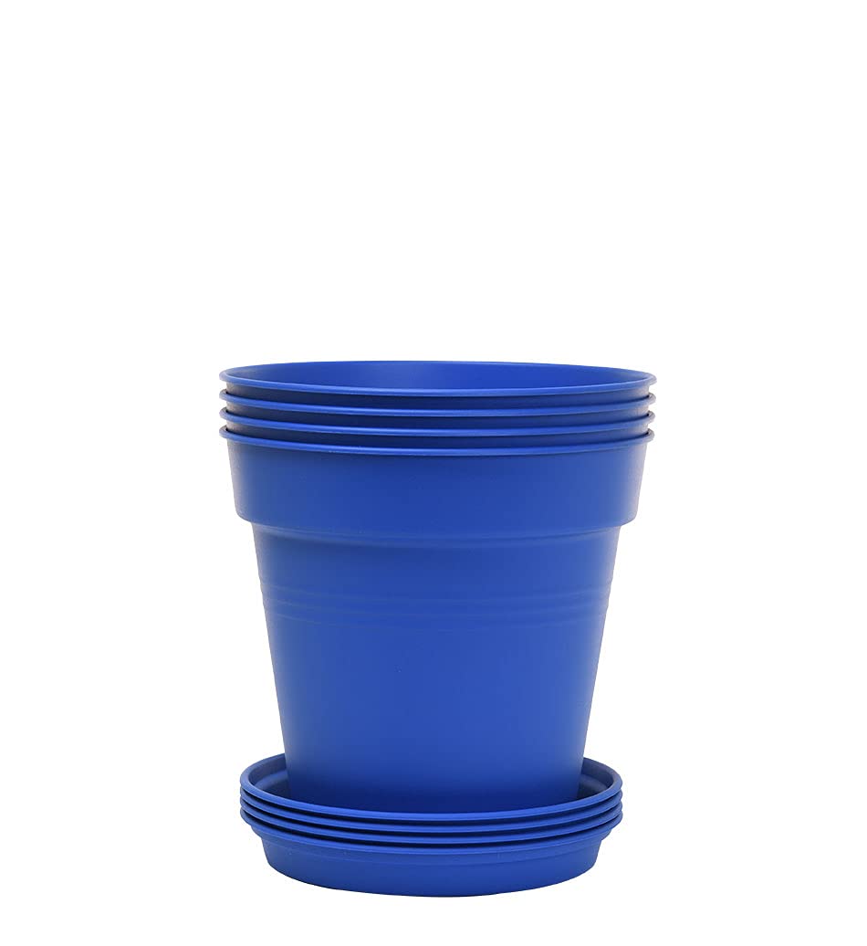 Mintra Garden Pots, 4 Pack Bulk Plastic Plant Pots with Drainage Tray, Round Indoor & Outdoor Decorative Planters with Drain Holes for Flowers, Herbs & Plants, 19cm Diameter – Fuchsia, 7.5in Wide