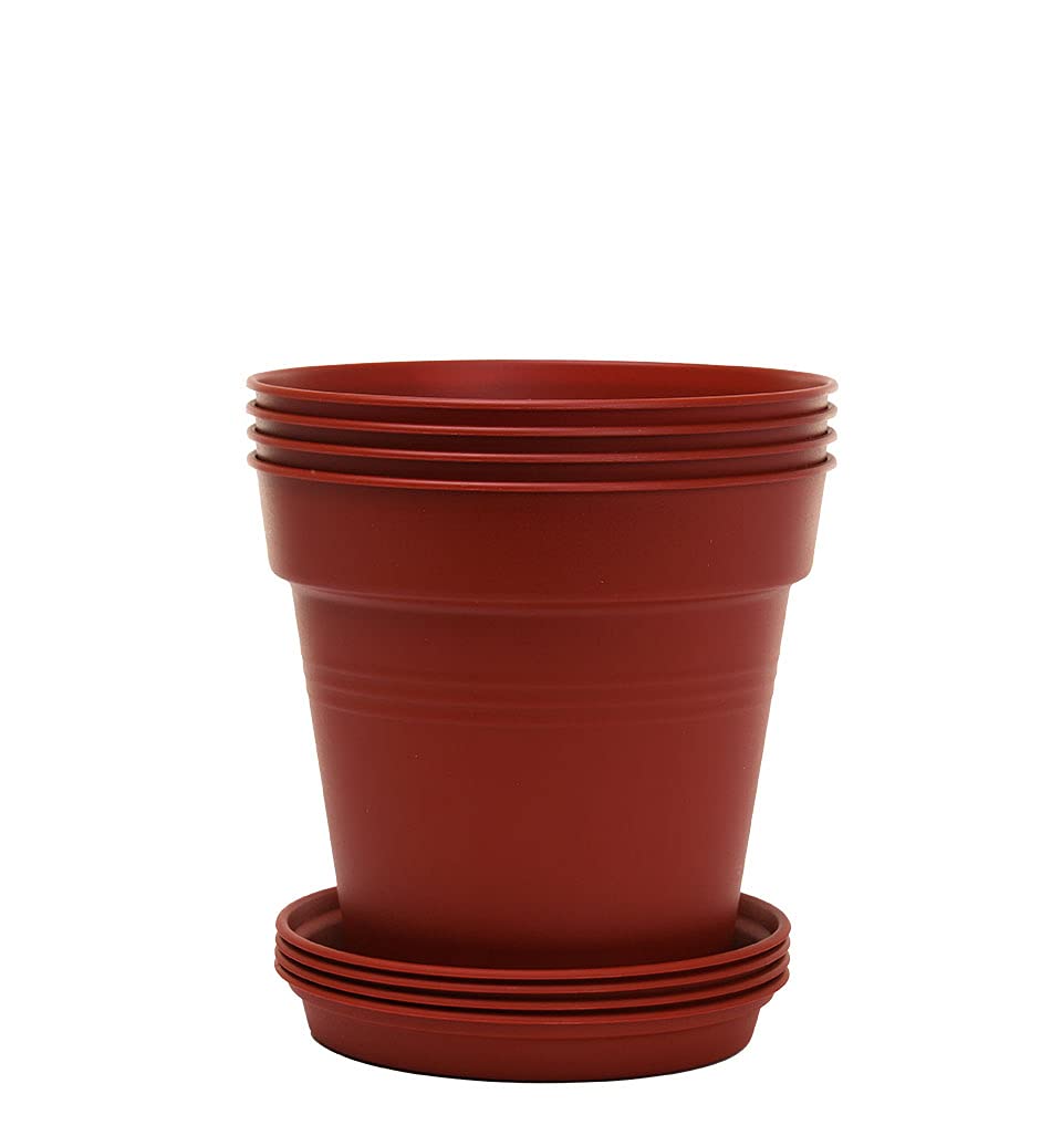 Mintra Garden Pots, 4 Pack Bulk Plastic Plant Pots with Drainage Tray, Round Indoor & Outdoor Decorative Planters with Drain Holes for Flowers, Herbs & Plants, 19cm Diameter – Fuchsia, 7.5in Wide