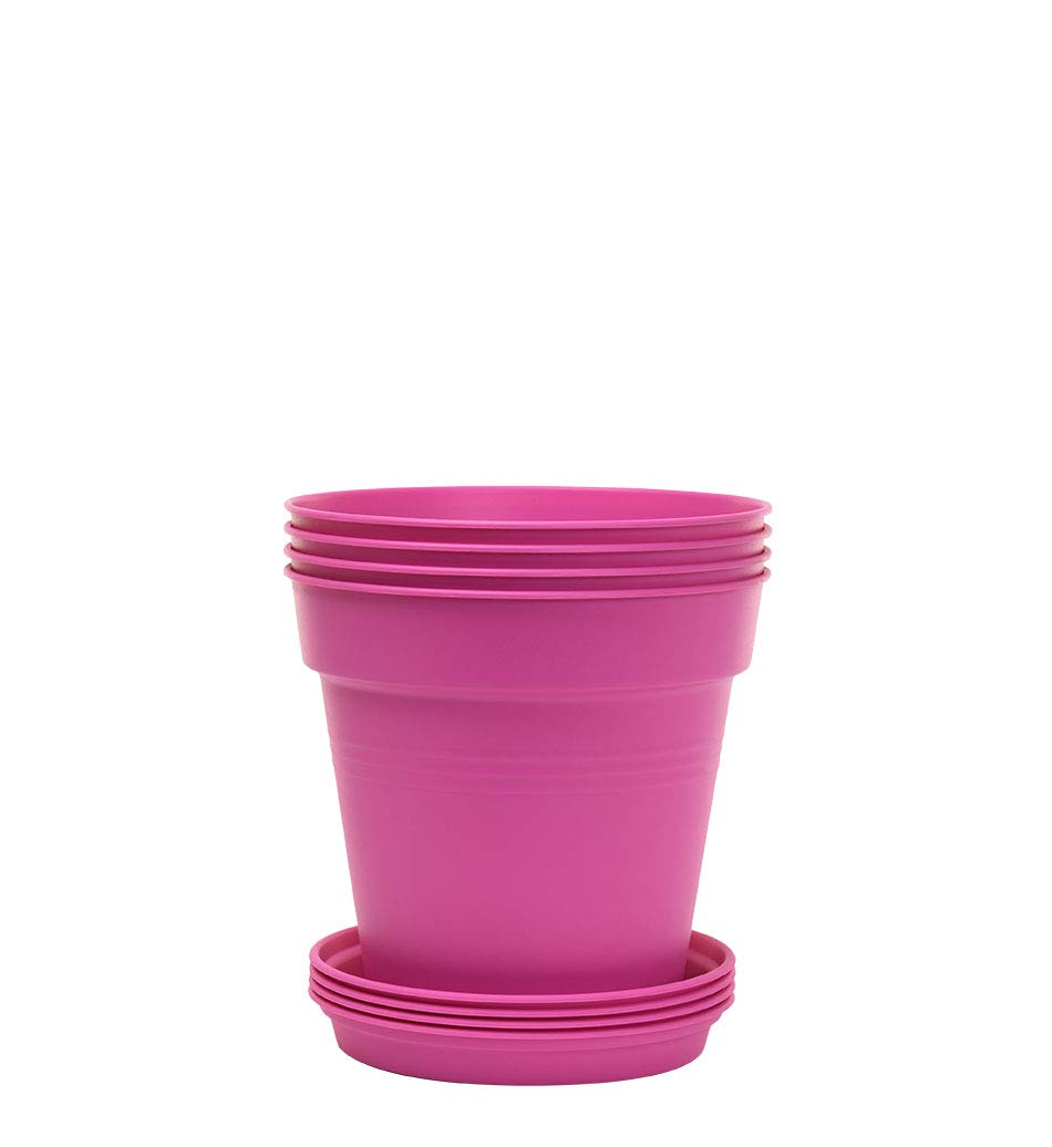 Mintra Garden Pots, 4 Pack Bulk Plastic Plant Pots with Drainage Tray, Round Indoor & Outdoor Decorative Planters with Drain Holes for Flowers, Herbs & Plants, 19cm Diameter – Fuchsia, 7.5in Wide