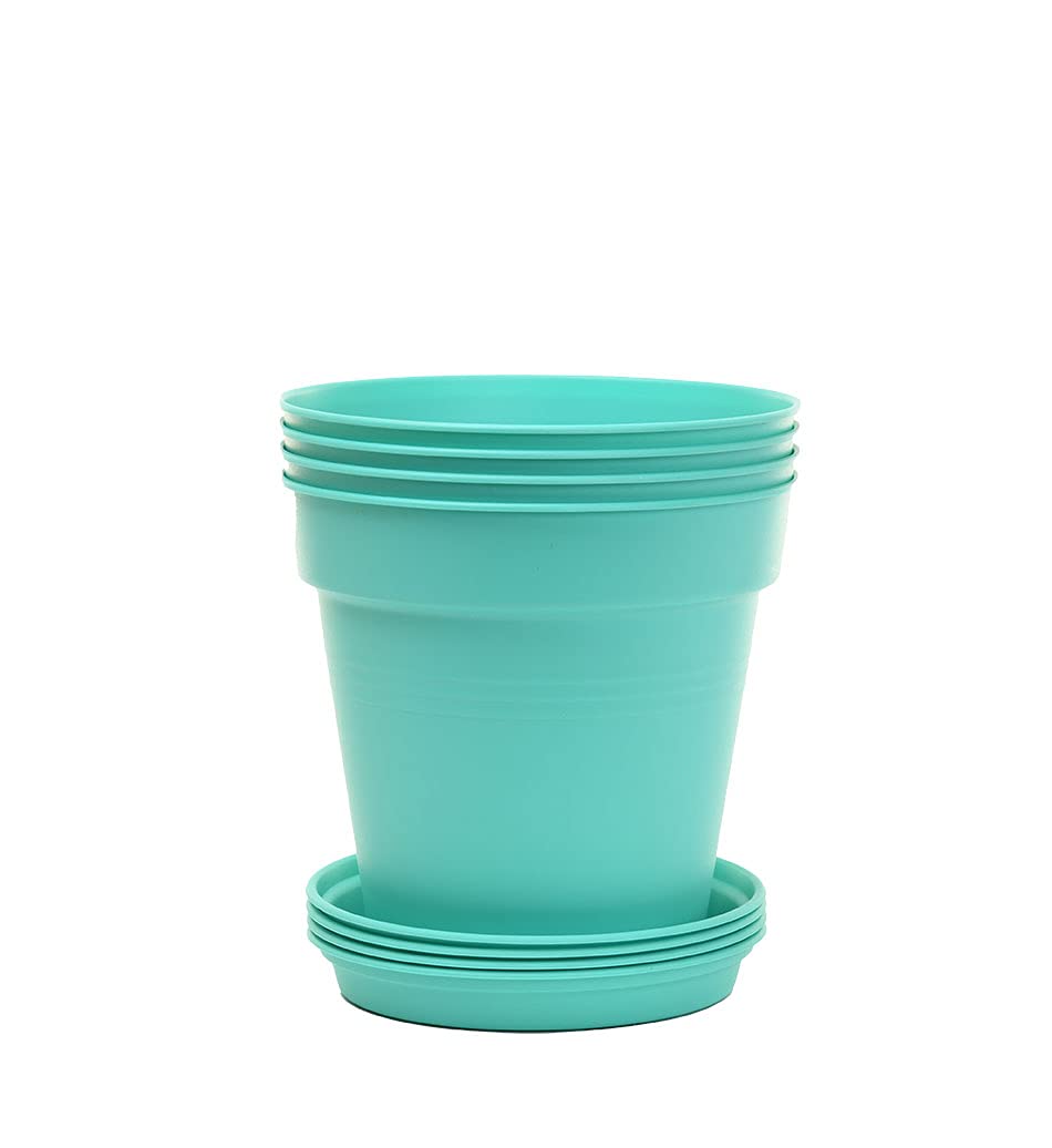 Mintra Garden Pots, 4 Pack Bulk Plastic Plant Pots with Drainage Tray, Round Indoor & Outdoor Decorative Planters with Drain Holes for Flowers, Herbs & Plants, 19cm Diameter – Fuchsia, 7.5in Wide