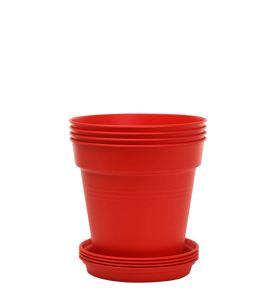 Mintra Garden Pots, 4 Pack Bulk Plastic Plant Pots with Drainage Tray, Round Indoor & Outdoor Decorative Planters with Drain Holes for Flowers, Herbs & Plants, 19cm Diameter – Fuchsia, 7.5in Wide