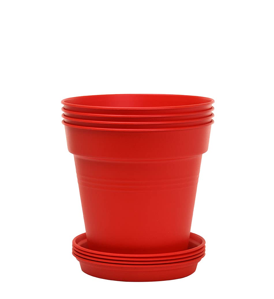 Mintra Garden Pots, 4 Pack Bulk Plastic Plant Pots with Drainage Tray, Round Indoor & Outdoor Decorative Planters with Drain Holes for Flowers, Herbs & Plants, 19cm Diameter – Fuchsia, 7.5in Wide