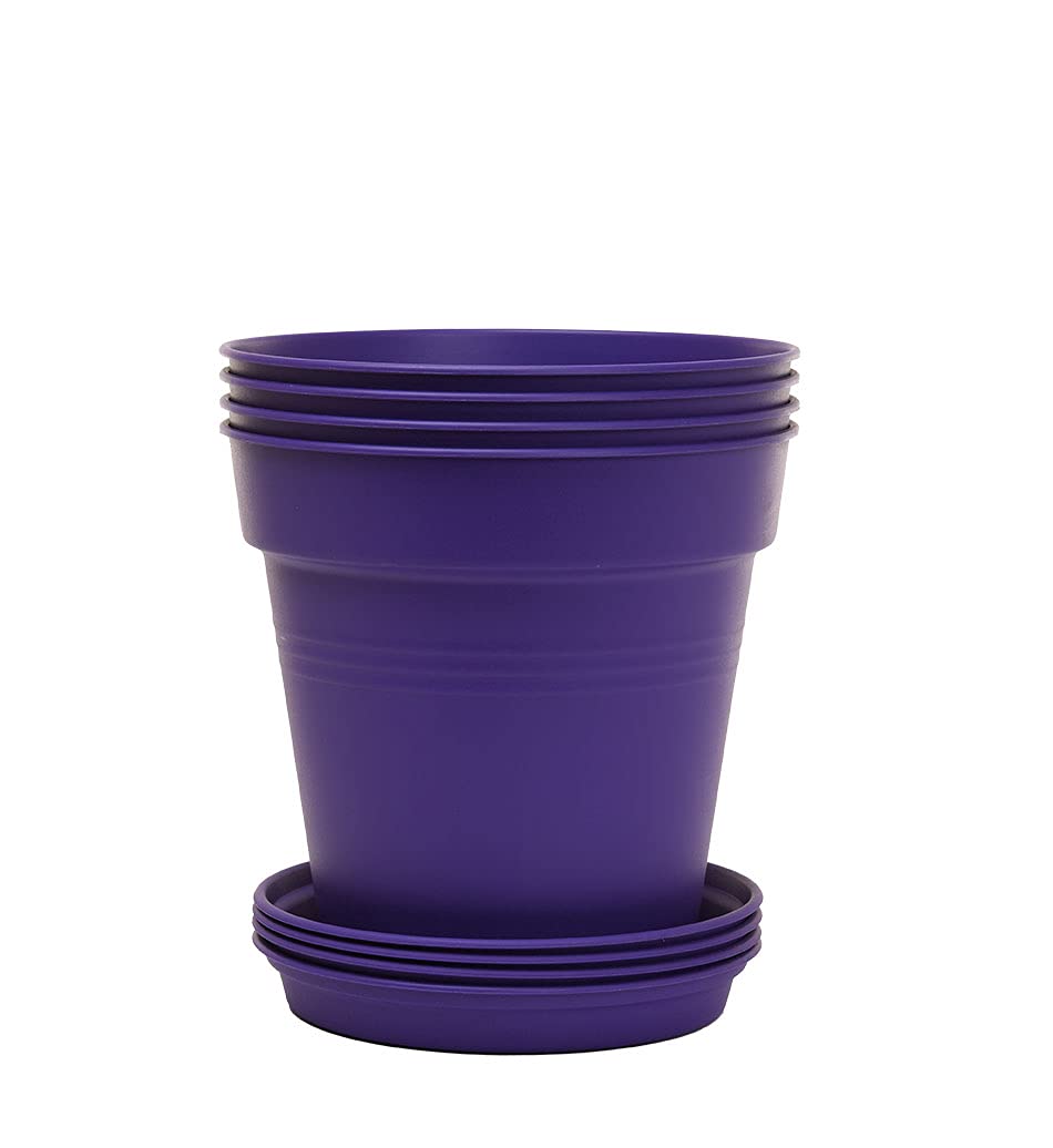 Mintra Garden Pots, 4 Pack Bulk Plastic Plant Pots with Drainage Tray, Round Indoor & Outdoor Decorative Planters with Drain Holes for Flowers, Herbs & Plants, 19cm Diameter – Fuchsia, 7.5in Wide