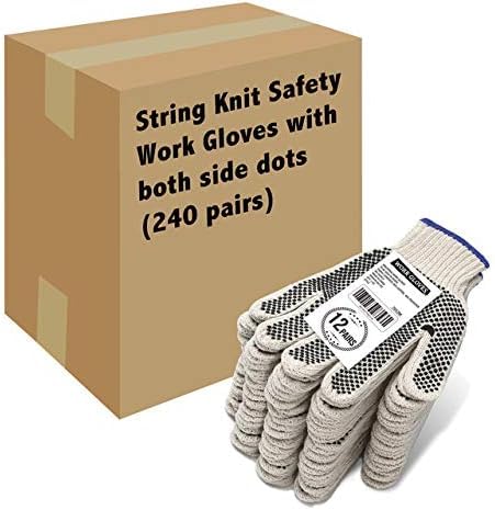 Evridwear Cotton Polyester String Knit Shell Safety Protection Work Gloves for Painter Mechanic Industrial Warehouse Gardening Construction Men & Women 12 Pairs, With Two Side dots, L Size