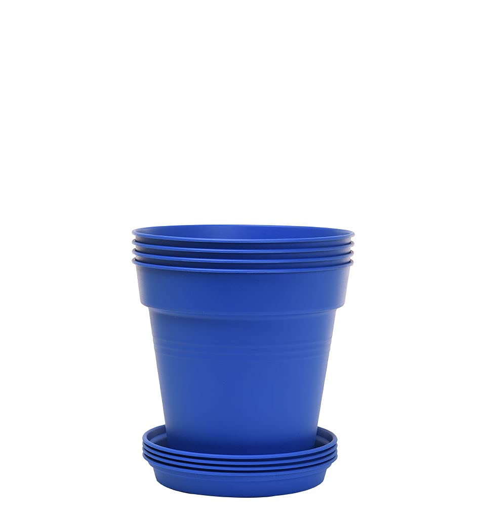 Mintra Garden Pots, 4 Pack Bulk Plastic Plant Pots with Drainage Tray, Round Indoor & Outdoor Decorative Planters with Drain Holes for Flowers, Herbs & Plants, 19cm Diameter – Fuchsia, 7.5in Wide