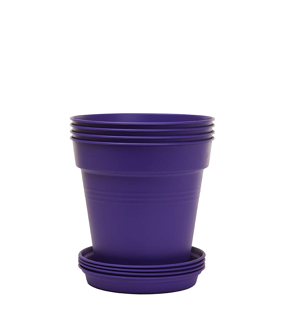 Mintra Garden Pots, 4 Pack Bulk Plastic Plant Pots with Drainage Tray, Round Indoor & Outdoor Decorative Planters with Drain Holes for Flowers, Herbs & Plants, 19cm Diameter – Fuchsia, 7.5in Wide