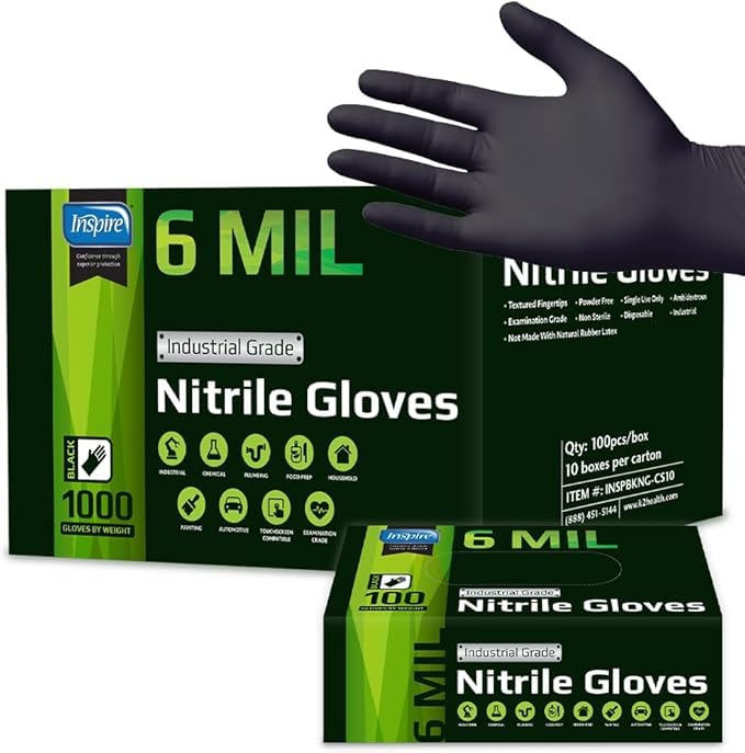 Inspire Black Nitrile Gloves HEAVY DUTY 6 Mil Nitrile Chemical Resistant Medical Cooking Cleaning Disposable Black Gloves