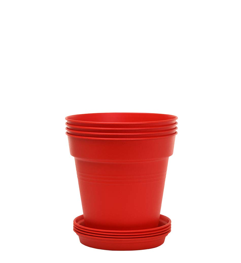 Mintra Garden Pots, 4 Pack Bulk Plastic Plant Pots with Drainage Tray, Round Indoor & Outdoor Decorative Planters with Drain Holes for Flowers, Herbs & Plants, 19cm Diameter – Fuchsia, 7.5in Wide