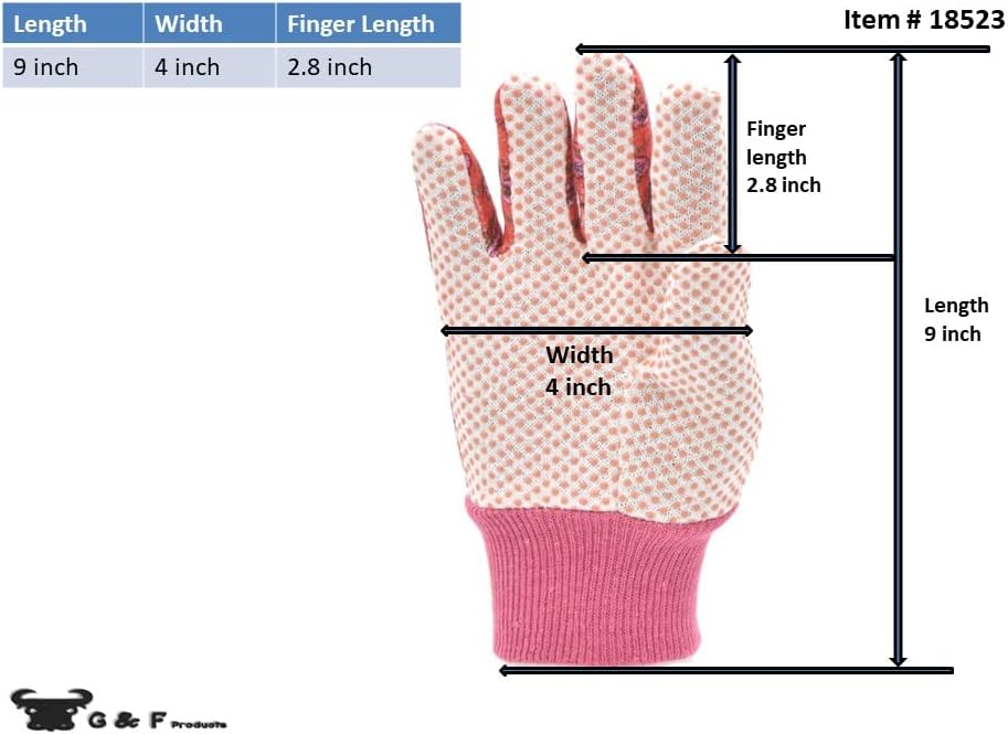 G & F Products G & F Women's Soft Cotton Jersey Gardening Gloves, Floral Print, PVC Dot Grip, Knit Wrist, Green, Red & Blue