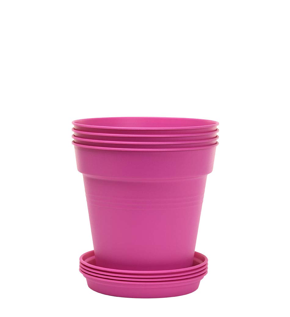 Mintra Garden Pots, 4 Pack Bulk Plastic Plant Pots with Drainage Tray, Round Indoor & Outdoor Decorative Planters with Drain Holes for Flowers, Herbs & Plants, 19cm Diameter – Fuchsia, 7.5in Wide