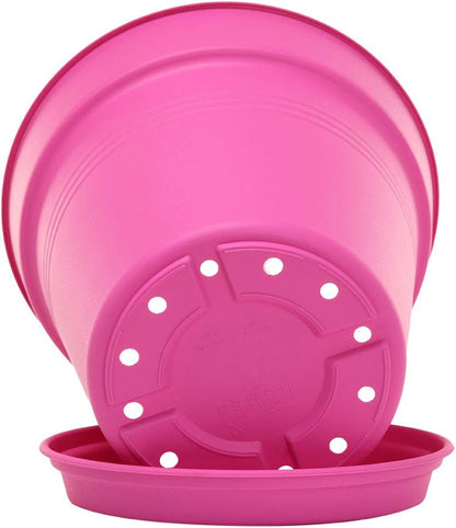 Mintra Garden Pots, 4 Pack Bulk Plastic Plant Pots with Drainage Tray, Round Indoor & Outdoor Decorative Planters with Drain Holes for Flowers, Herbs & Plants, 19cm Diameter – Fuchsia, 7.5in Wide