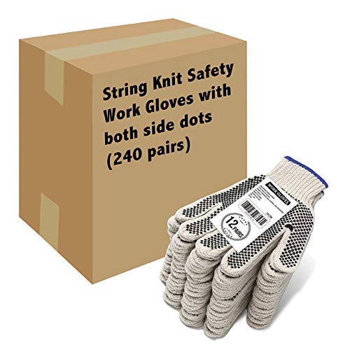 Evridwear Cotton Polyester String Knit Shell Safety Protection Work Gloves for Painter Mechanic Industrial Warehouse Gardening Construction Men & Women 12 Pairs, With Two Side dots, L Size