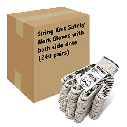Evridwear Cotton Polyester String Knit Shell Safety Protection Work Gloves for Painter Mechanic Industrial Warehouse Gardening Construction Men & Women 12 Pairs, With Two Side dots, L Size