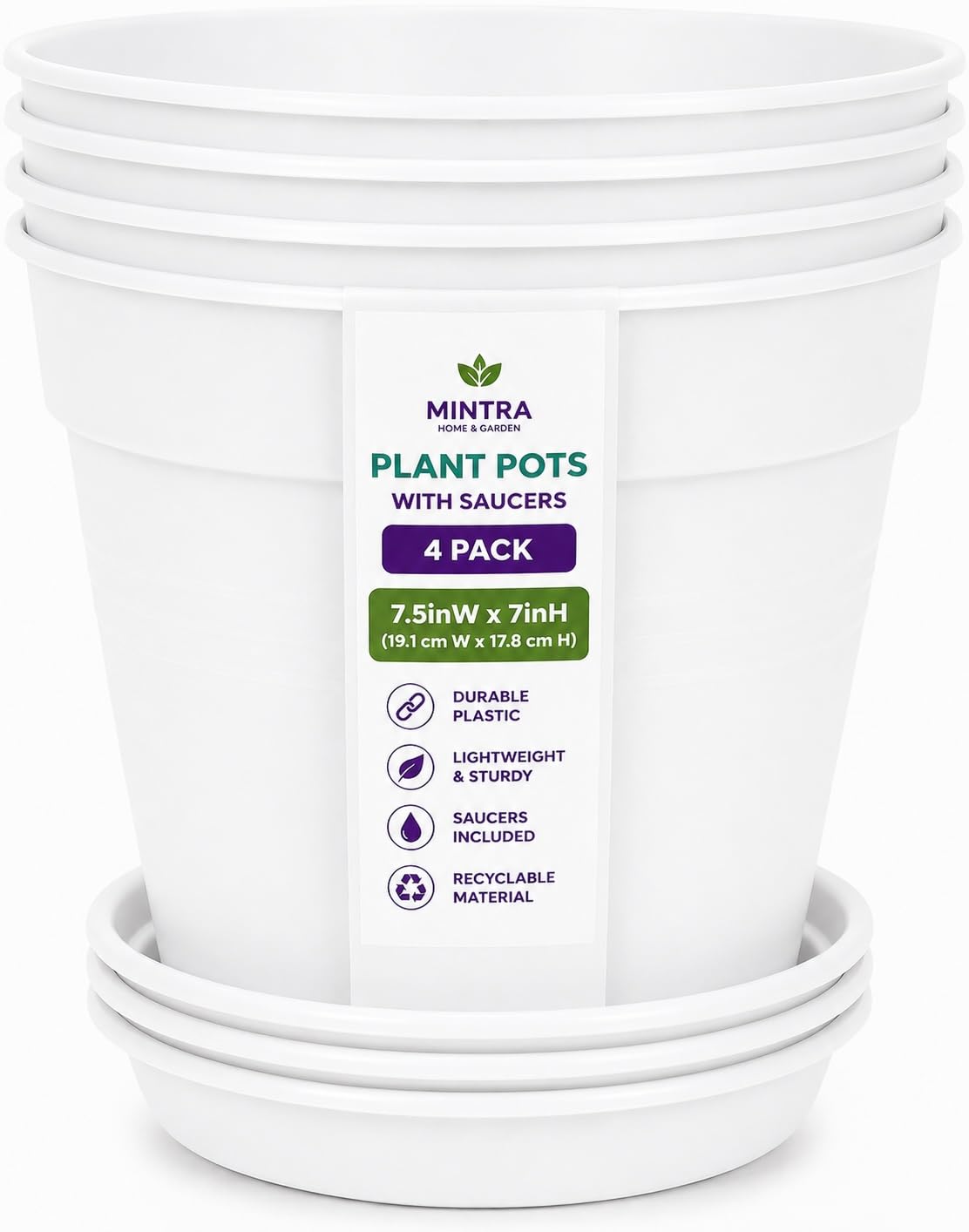 Mintra Garden Pots, 4 Pack Bulk Plastic Plant Pots with Drainage Tray, Round Indoor & Outdoor Decorative Planters with Drain Holes for Flowers, Herbs & Plants, 19cm Diameter – Fuchsia, 7.5in Wide