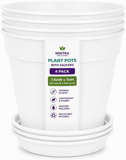 Mintra Garden Pots, 4 Pack Bulk Plastic Plant Pots with Drainage Tray, Round Indoor & Outdoor Decorative Planters with Drain Holes for Flowers, Herbs & Plants, 19cm Diameter – Fuchsia, 7.5in Wide