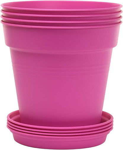 Mintra Garden Pots, 4 Pack Bulk Plastic Plant Pots with Drainage Tray, Round Indoor & Outdoor Decorative Planters with Drain Holes for Flowers, Herbs & Plants, 19cm Diameter – Fuchsia, 7.5in Wide