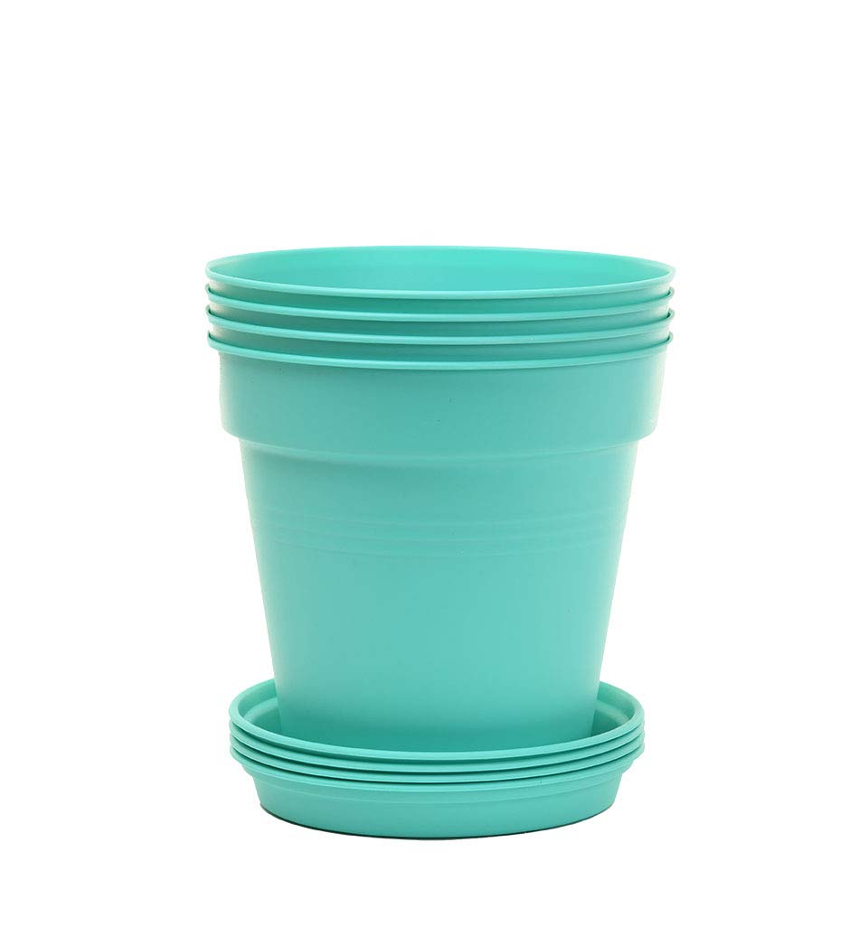 Mintra Garden Pots, 4 Pack Bulk Plastic Plant Pots with Drainage Tray, Round Indoor & Outdoor Decorative Planters with Drain Holes for Flowers, Herbs & Plants, 19cm Diameter – Fuchsia, 7.5in Wide