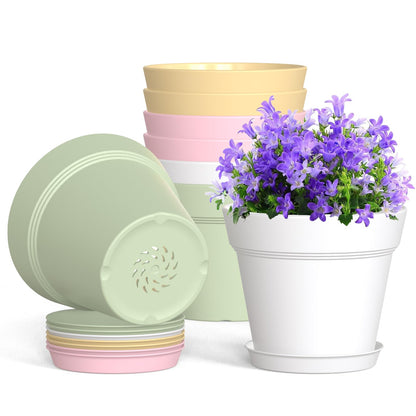 WSMKSZ 4 Inch Plastic Plant Pots with Drainage Holes and Trays – 8 Pack Small Nursery Pots for Indoor & Outdoor House Plants and Flowers, Seedling Starter Planters, Terracotta