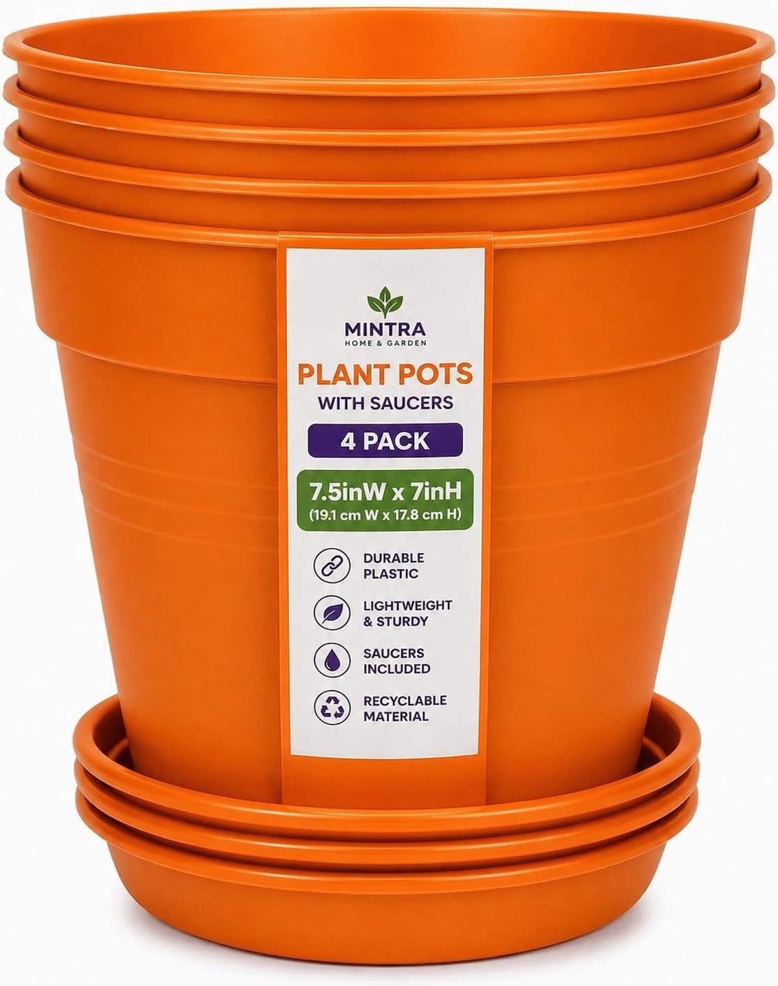 Mintra Garden Pots, 4 Pack Bulk Plastic Plant Pots with Drainage Tray, Round Indoor & Outdoor Decorative Planters with Drain Holes for Flowers, Herbs & Plants, 19cm Diameter – Fuchsia, 7.5in Wide