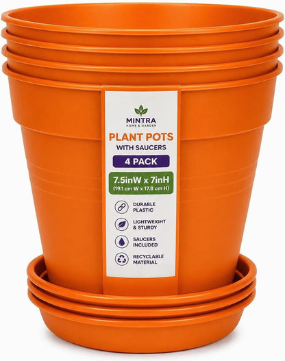 Mintra Garden Pots, 4 Pack Bulk Plastic Plant Pots with Drainage Tray, Round Indoor & Outdoor Decorative Planters with Drain Holes for Flowers, Herbs & Plants, 19cm Diameter – Fuchsia, 7.5in Wide