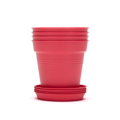 Mintra Garden Pots, 4 Pack Bulk Plastic Plant Pots with Drainage Tray, Round Indoor & Outdoor Decorative Planters with Drain Holes for Flowers, Herbs & Plants, 19cm Diameter – Fuchsia, 7.5in Wide
