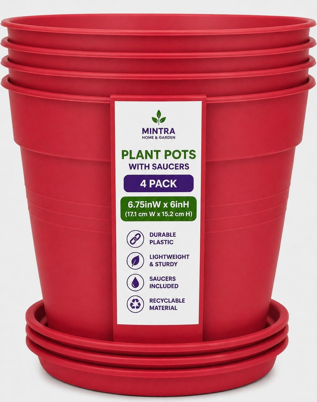 Mintra Garden Pots, 4 Pack Bulk Plastic Plant Pots with Drainage Tray, Round Indoor & Outdoor Decorative Planters with Drain Holes for Flowers, Herbs & Plants, 19cm Diameter – Fuchsia, 7.5in Wide