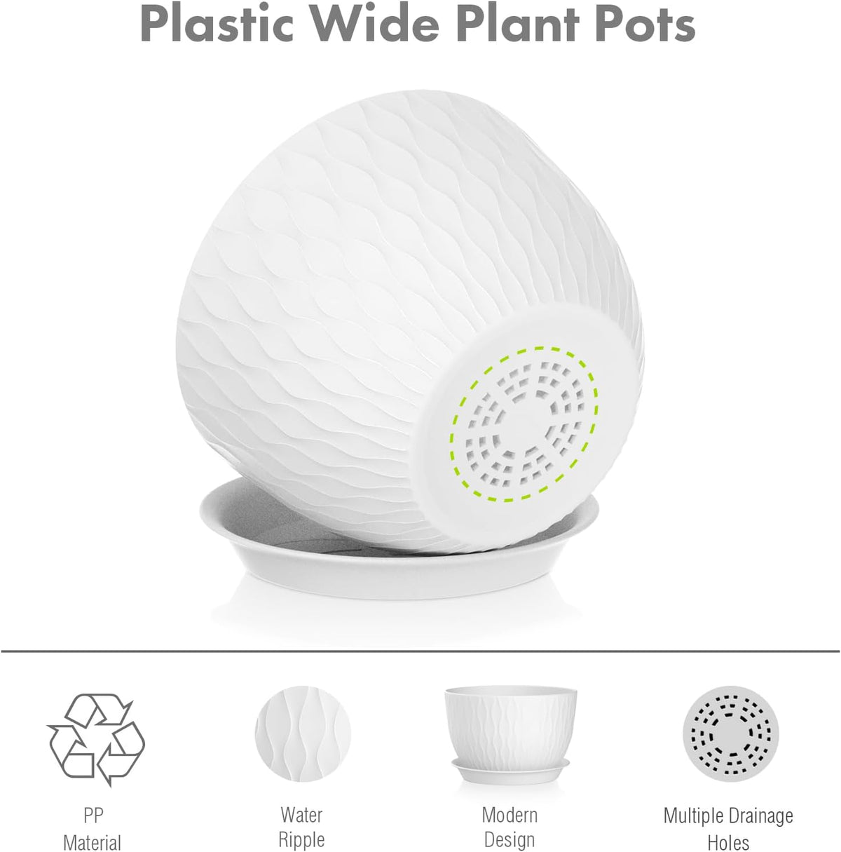 Meowell 12/10/9 inch Large Plant Pots, 3 Pack Wide Flower Pots for Outdoor Indoor Plants with Water Ripples, Big Plastic Planters with Drainage Holes and Saucers for Garden House Plants, White
