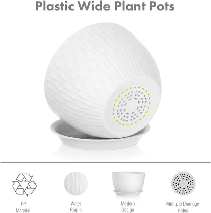 Meowell 12/10/9 inch Large Plant Pots, 3 Pack Wide Flower Pots for Outdoor Indoor Plants with Water Ripples, Big Plastic Planters with Drainage Holes and Saucers for Garden House Plants, White