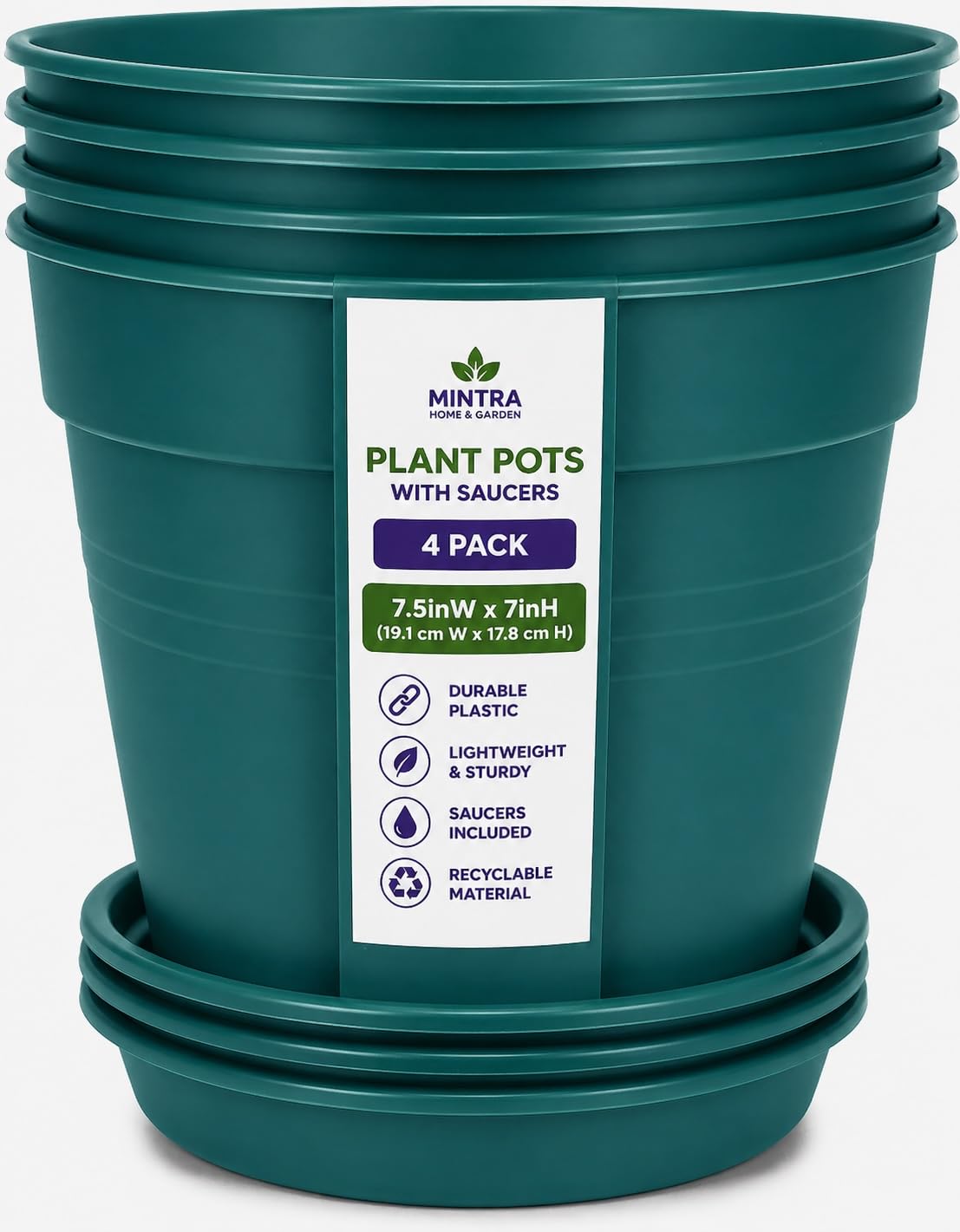 Mintra Garden Pots, 4 Pack Bulk Plastic Plant Pots with Drainage Tray, Round Indoor & Outdoor Decorative Planters with Drain Holes for Flowers, Herbs & Plants, 19cm Diameter – Fuchsia, 7.5in Wide