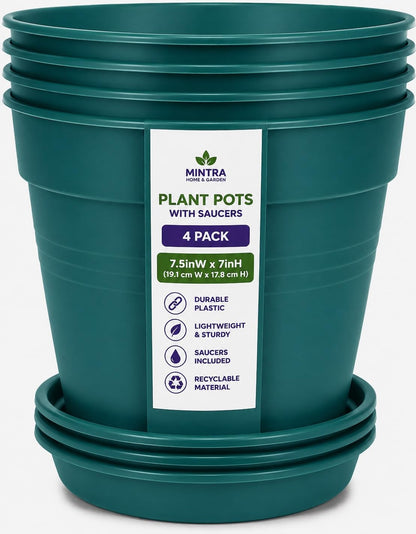 Mintra Garden Pots, 4 Pack Bulk Plastic Plant Pots with Drainage Tray, Round Indoor & Outdoor Decorative Planters with Drain Holes for Flowers, Herbs & Plants, 19cm Diameter – Fuchsia, 7.5in Wide