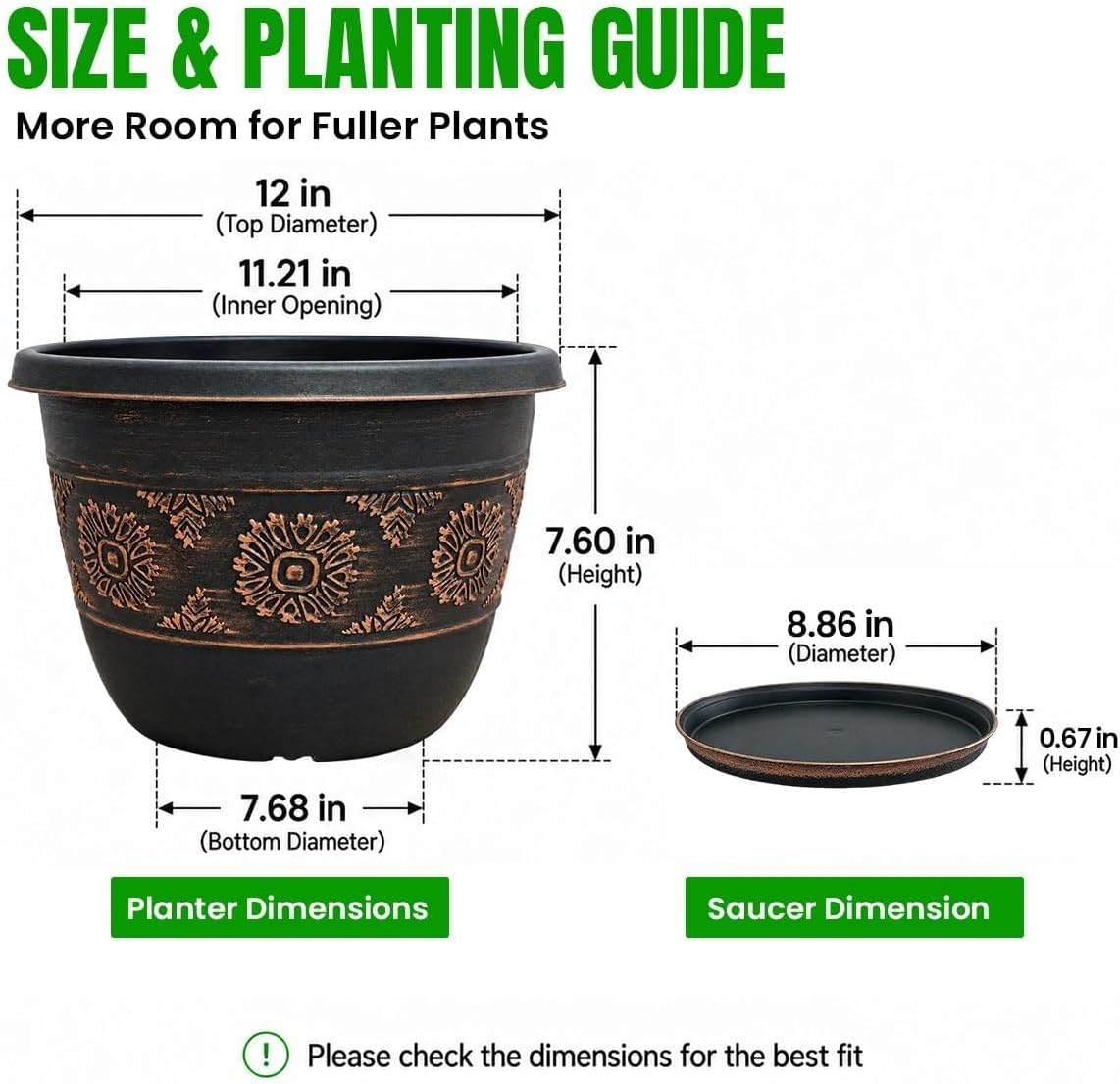 Usocik 12 Inch Plant Pots, 4 Pack, Copper Retro Floral