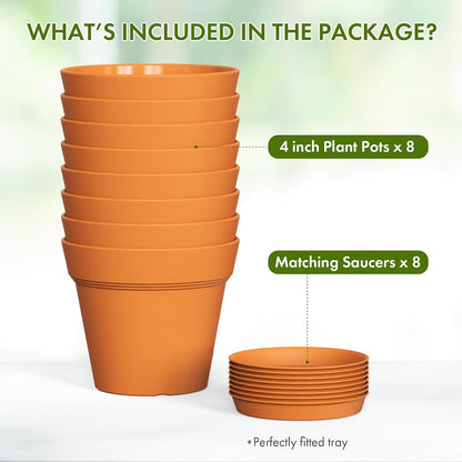 WSMKSZ 4 Inch Plastic Plant Pots with Drainage Holes and Trays – 8 Pack Small Nursery Pots for Indoor & Outdoor House Plants and Flowers, Seedling Starter Planters, Terracotta