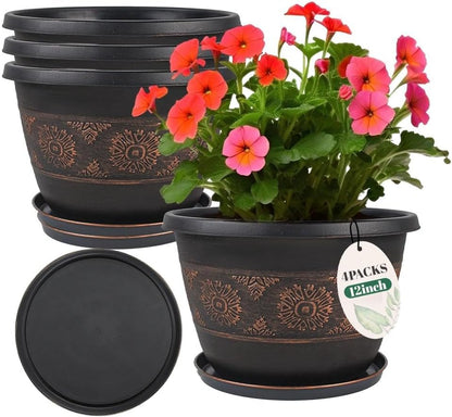 Usocik 12 Inch Plant Pots, 4 Pack, Copper Retro Floral