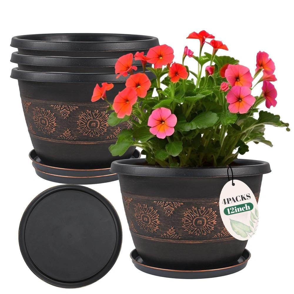 Usocik 10 Inch Plant Pots, 4 Pack, Copper Retro Floral