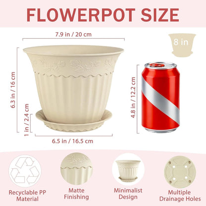 ZMTECH 6 Pack 8 Inch Plant Pots with Saucers, Ivory Cream Planters