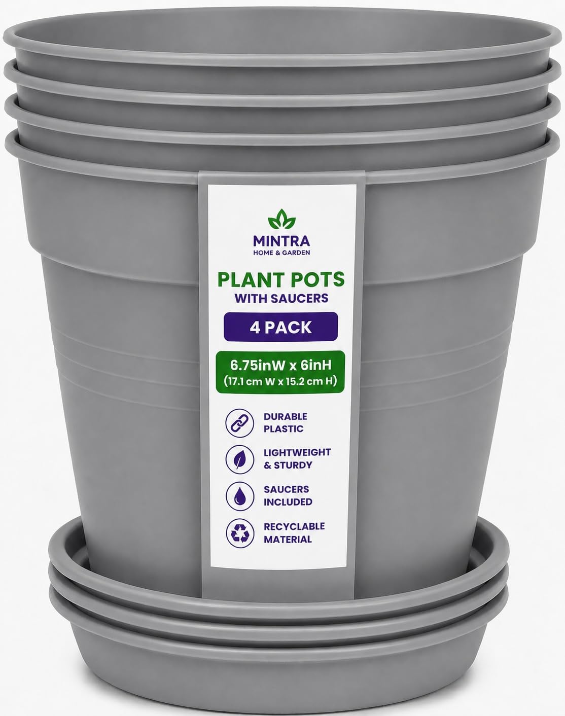 Mintra Garden Pots, 4 Pack Bulk Plastic Plant Pots with Drainage Tray, Round Indoor & Outdoor Decorative Planters with Drain Holes for Flowers, Herbs & Plants, 19cm Diameter – Fuchsia, 7.5in Wide