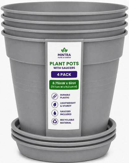 Mintra Garden Pots, 4 Pack Bulk Plastic Plant Pots with Drainage Tray, Round Indoor & Outdoor Decorative Planters with Drain Holes for Flowers, Herbs & Plants, 19cm Diameter – Fuchsia, 7.5in Wide