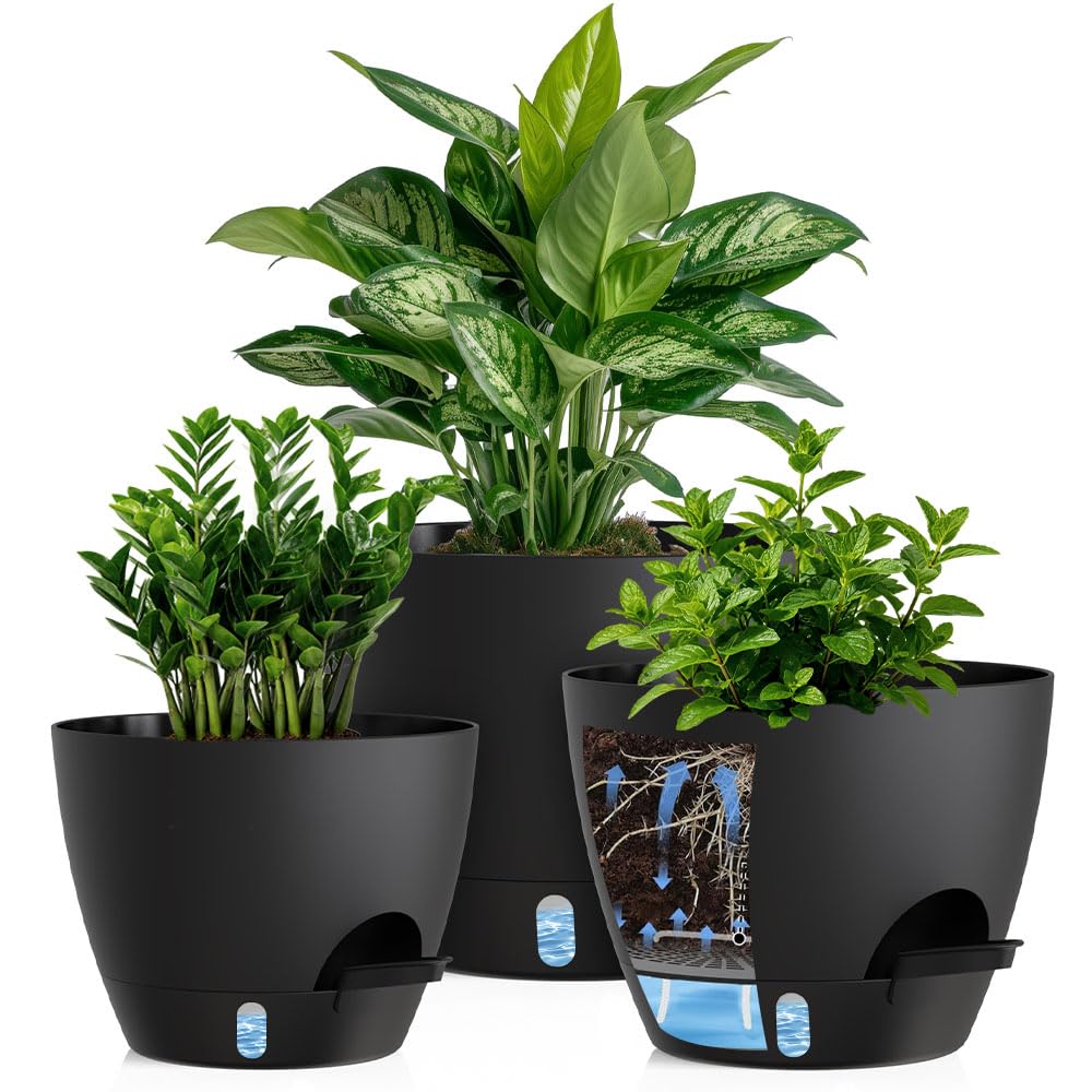 Self Watering Pots with Drainage Holes, 3 Pack 12/10/8 Inch Plant Pots with Water Level Indicator Deep Reservoir, Large Plastic Planter for Indoor Outdoor Plants - Black Brown
